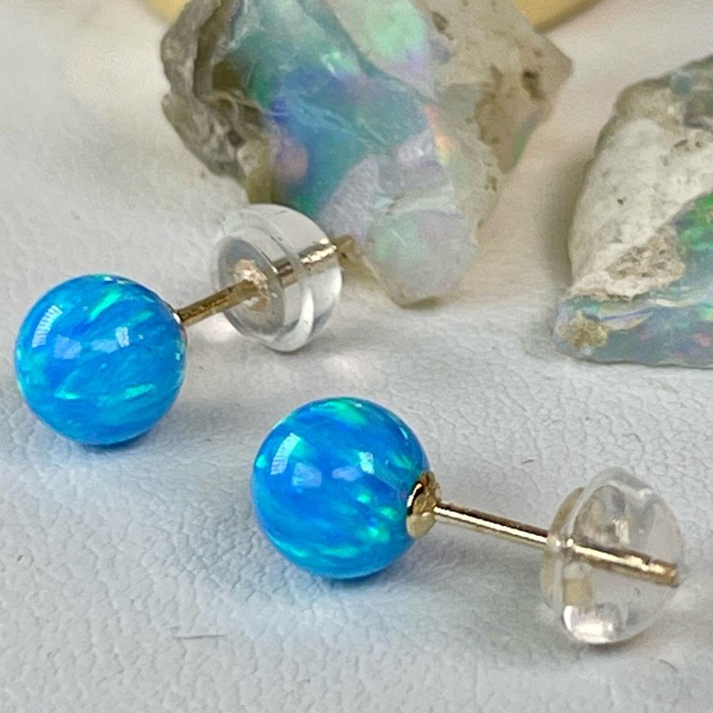 2.7ct 14KT Opal Earrings. 14k Solid Yellow Gold. Blue Opal